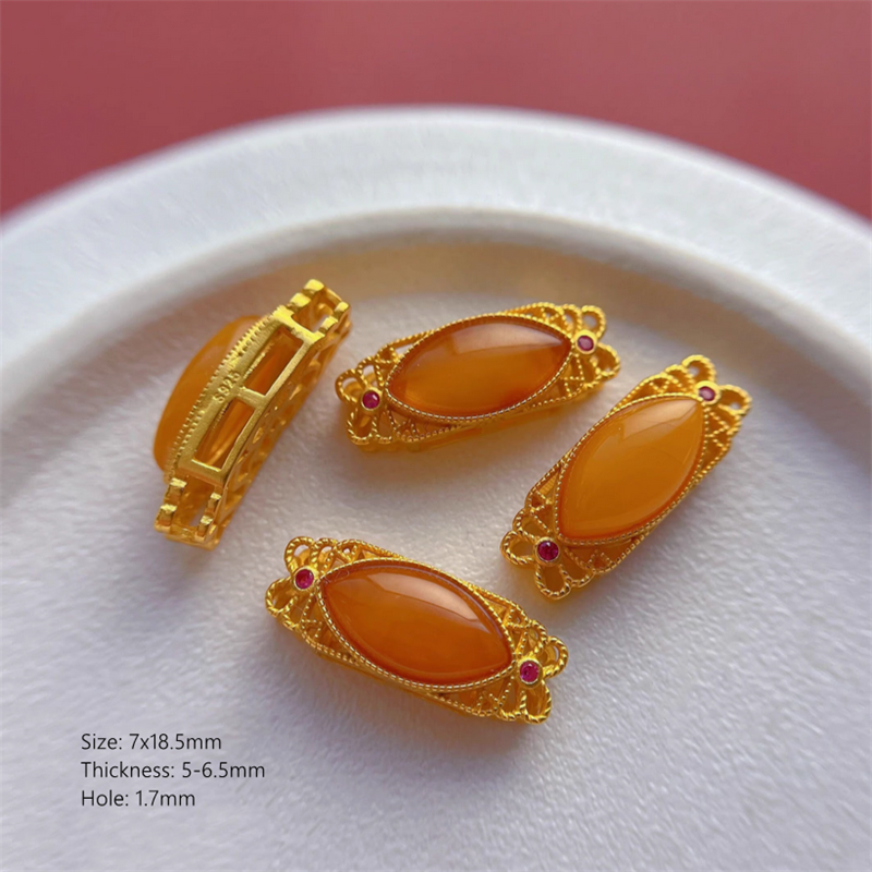 925 Silver Base Nature Beeswax Amber Stone Beads Spacer Charms Pendant