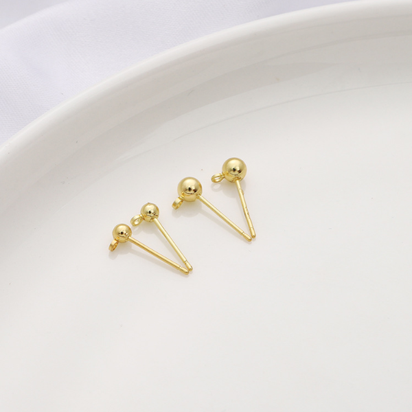 1 Pair 3x14mm Sterling Silver Ball Earring Studs, Gold Plated - ERDD-03