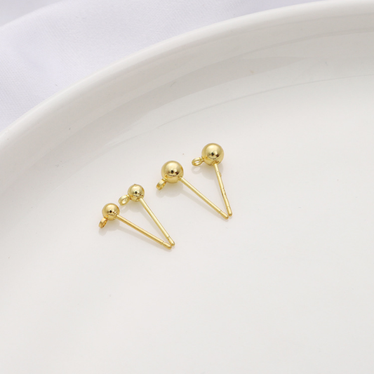 1 Pair 3x14mm Sterling Silver Ball Earring Studs, Gold Plated - ERDD-03