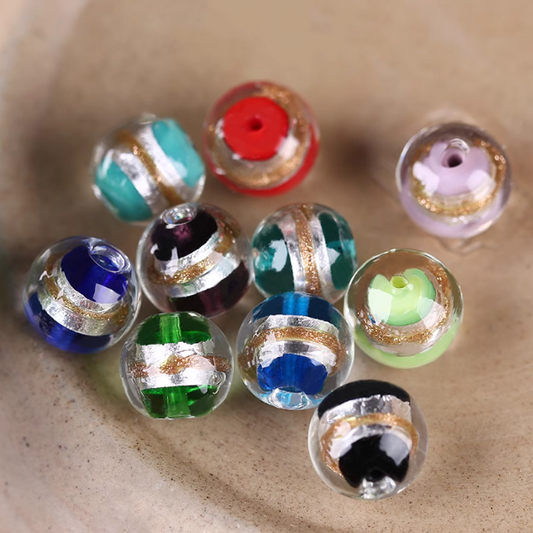 5pcs Glass Beads Silver Foil and Gold Sand