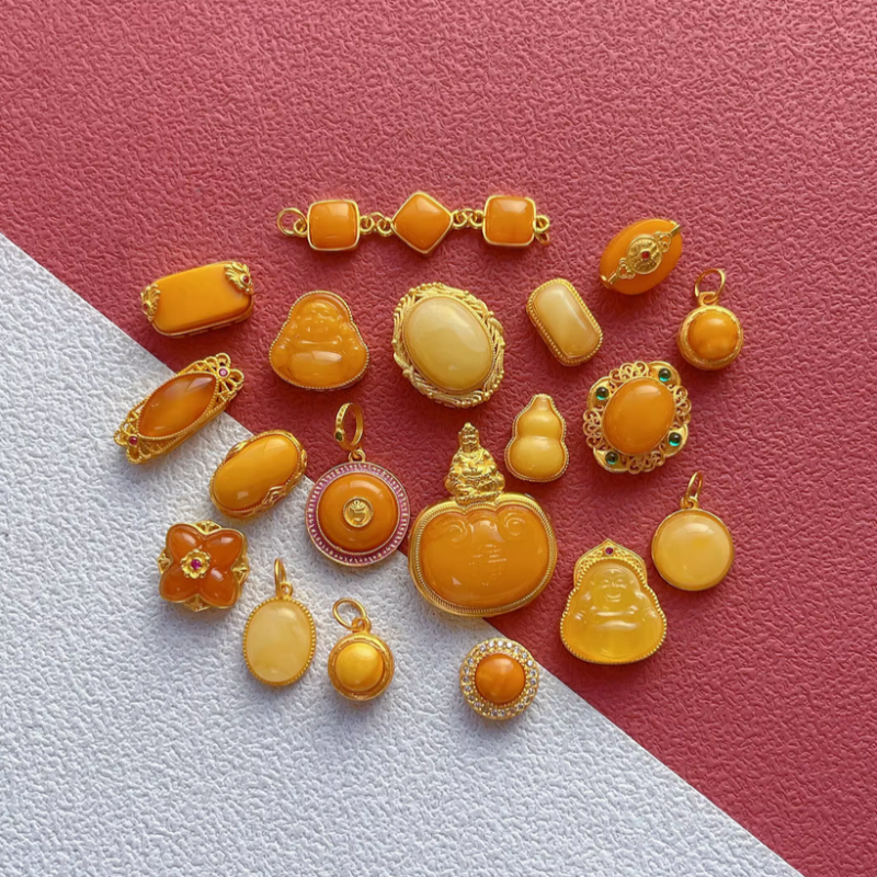 925 Silver Base Nature Beeswax Amber Stone Beads Spacer Charms Pendant