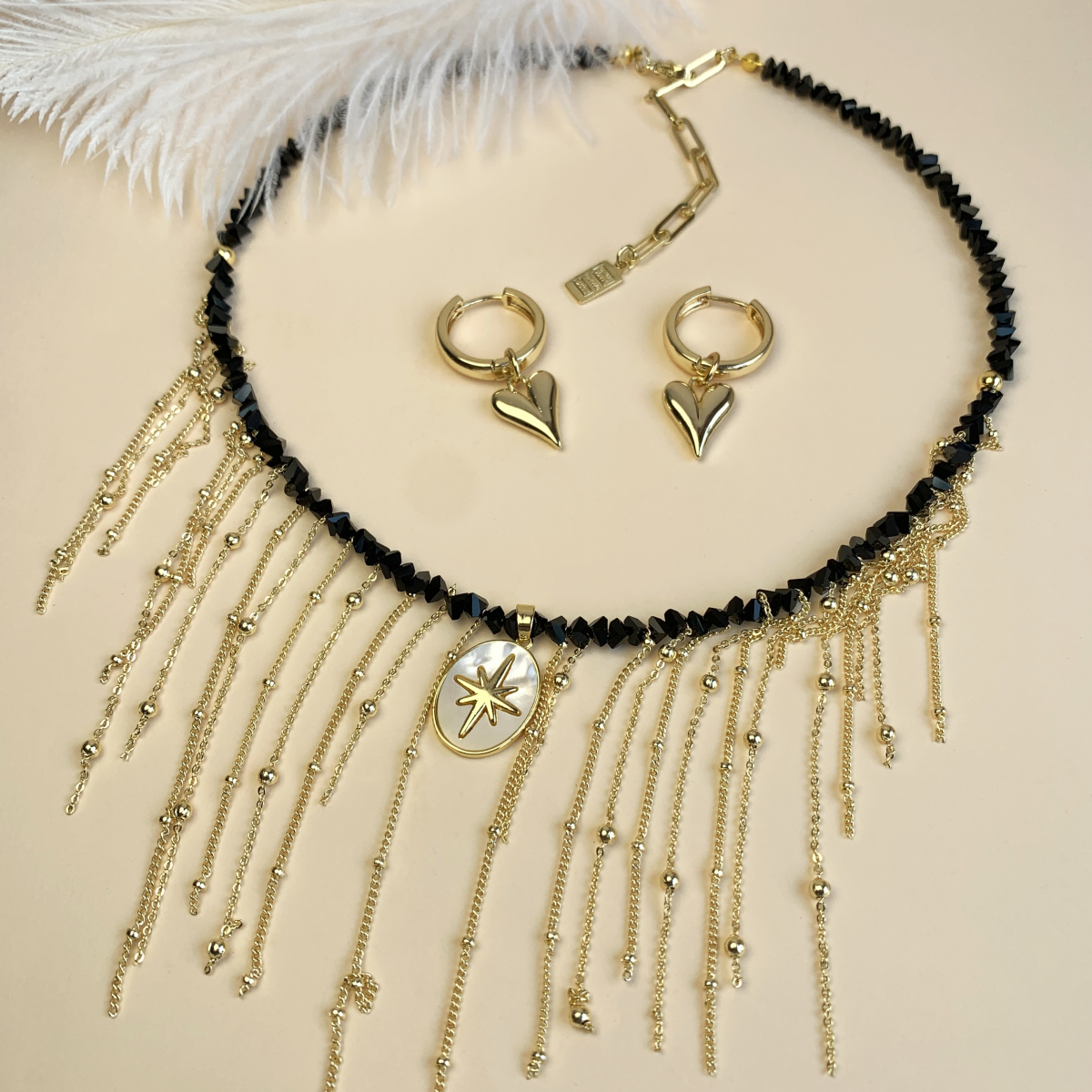 Black Crystal Beads Tassel Necklace Jewelry