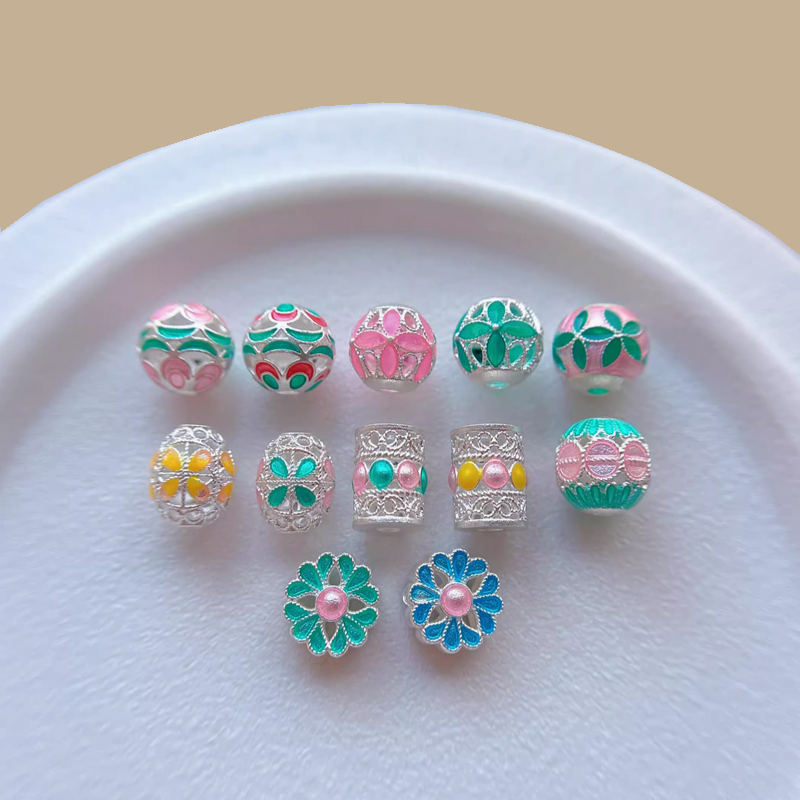 925 Sterling Silver Hollow Beads Enamel Colorful Spacers