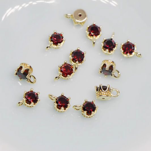 Brass Plated Crown Zircon Wine Red Charms Pendant