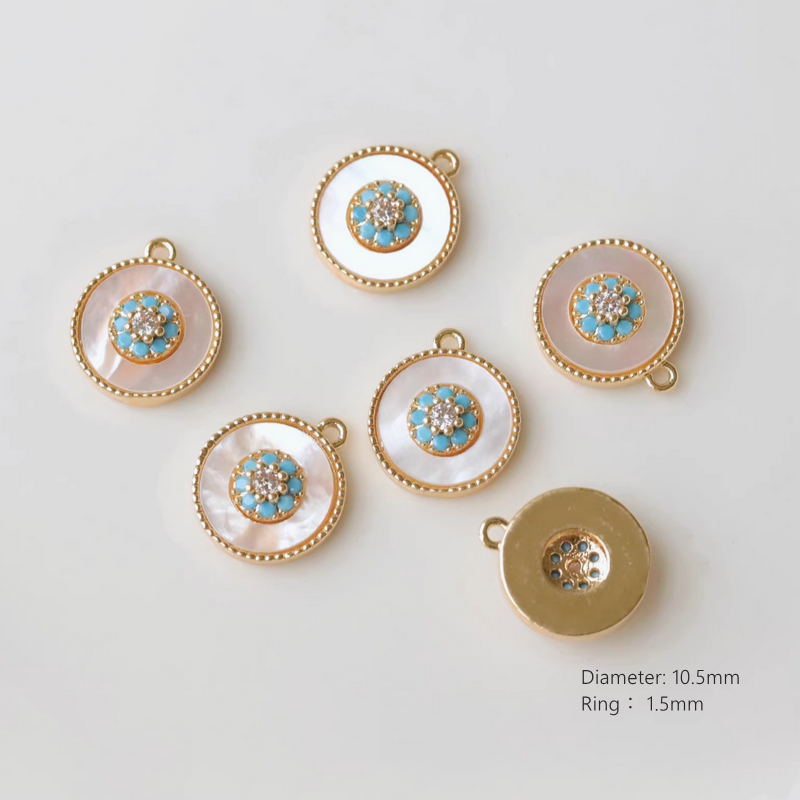 Brass Gilded Zircon Shell Round Jewelry Pendant Charms