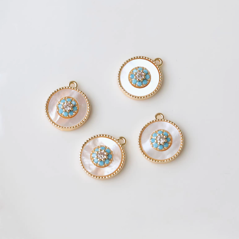 Brass Gilded Zircon Shell Round Jewelry Pendant Charms