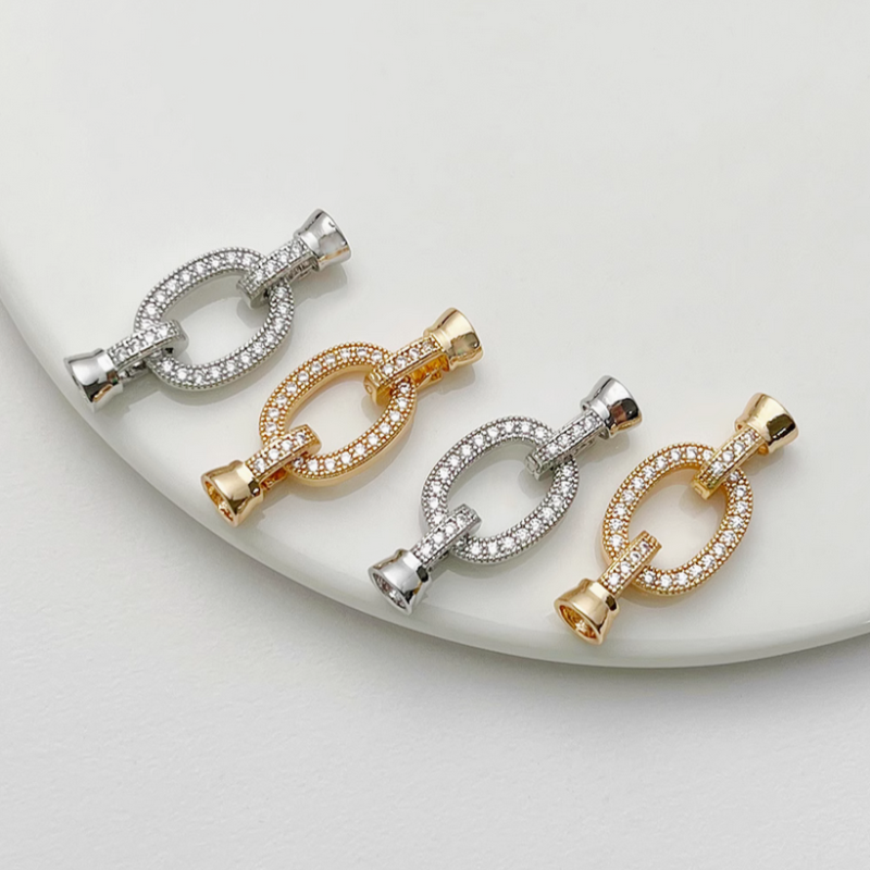 Brass Zircon Ellipse Double Side Bead's Connector Fold Over Clasp