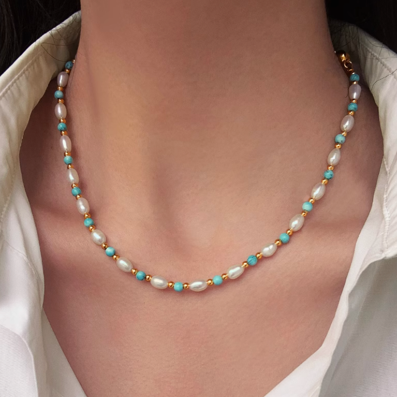 Nature Turquoise Gemstone Beads Pearls Necklace For Girls Women New Style