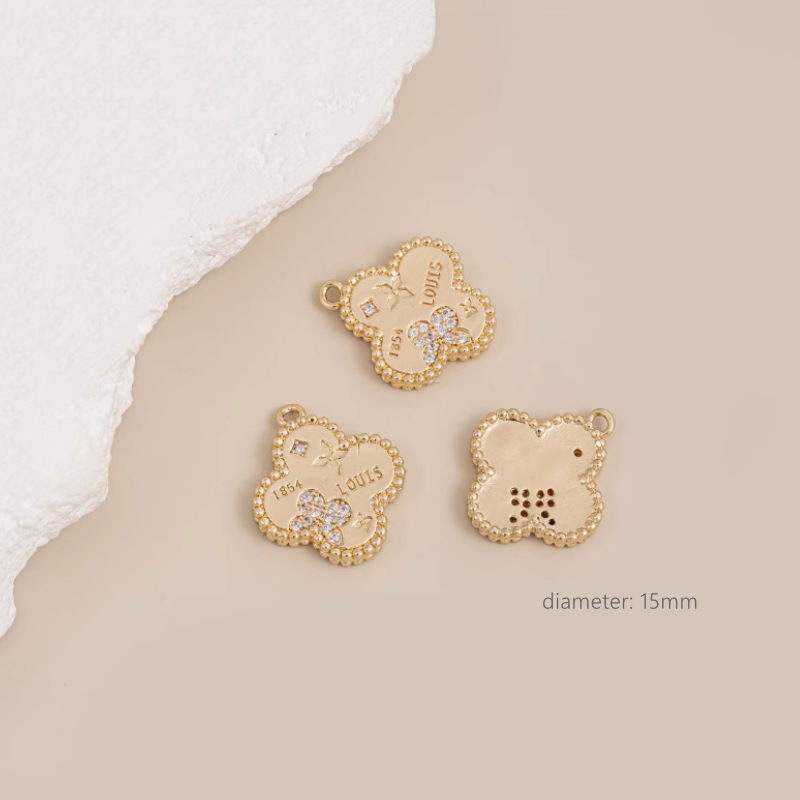 Brass 14K Gilded Four Clover Shell Zircon Inlaid Pendants Charms Partition