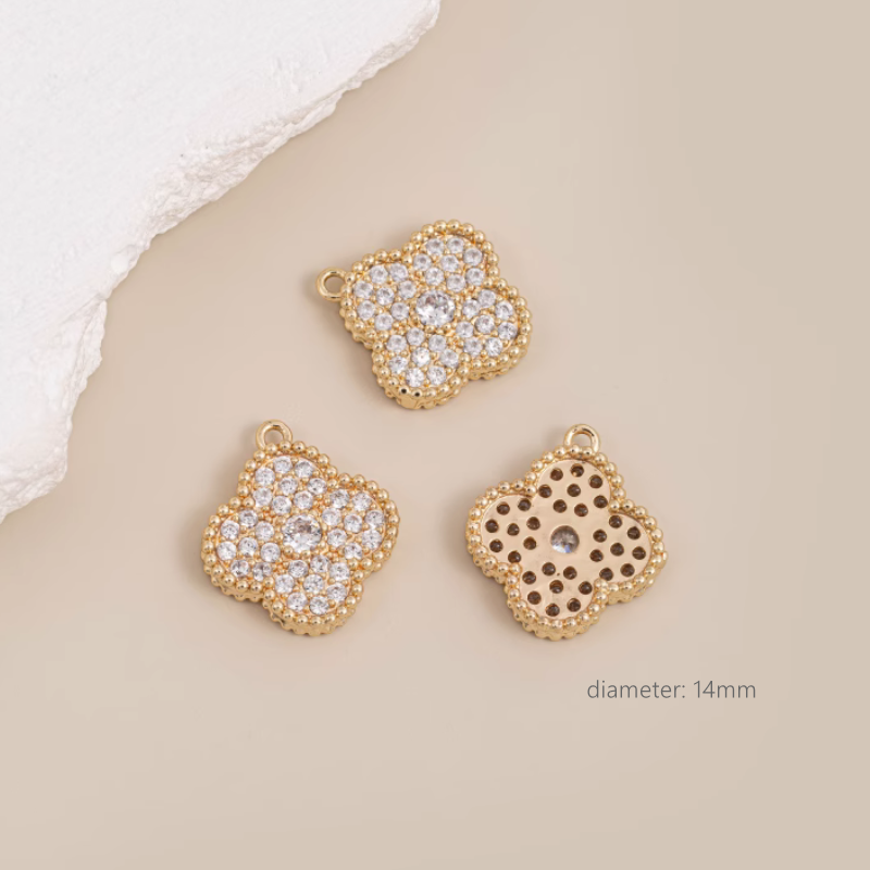 Brass 14K Gilded Four Clover Shell Zircon Inlaid Pendants Charms Partition