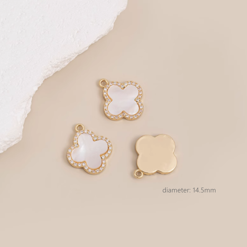 Brass 14K Gilded Four Clover Shell Zircon Inlaid Pendants Charms Partition