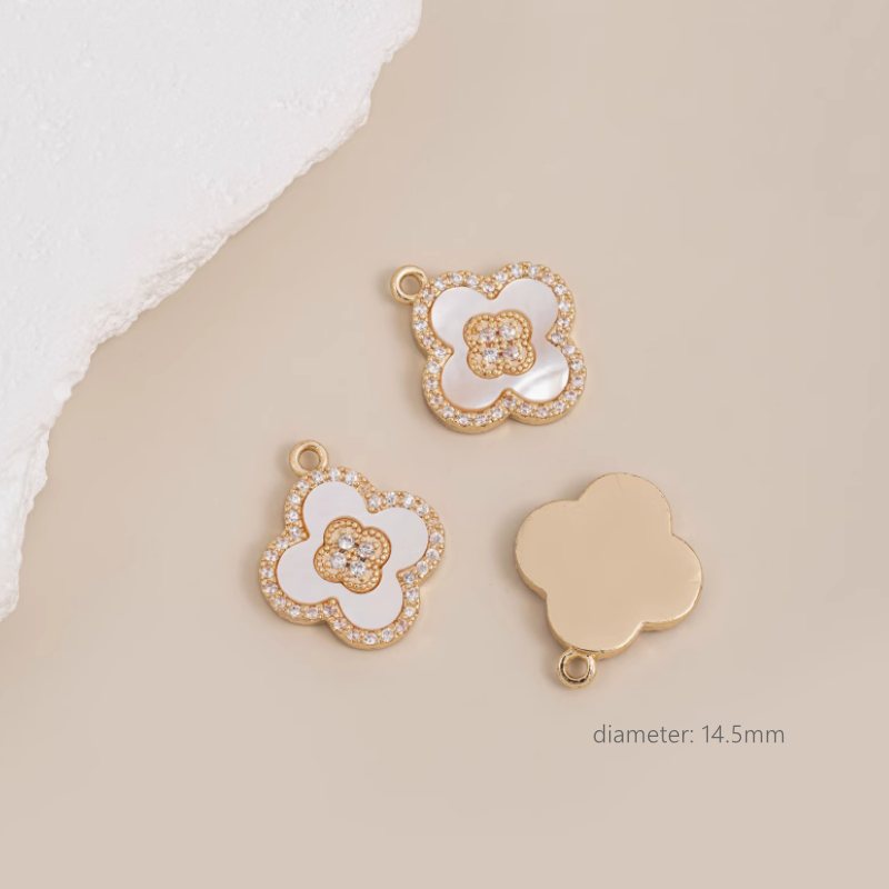 Brass 14K Gilded Four Clover Shell Zircon Inlaid Pendants Charms Partition