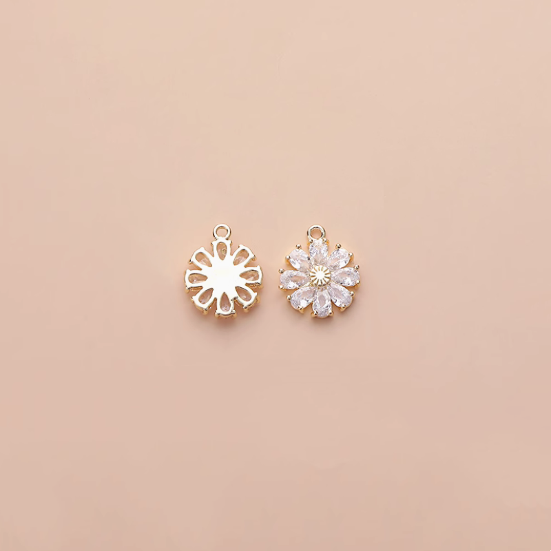 Brass 14K Gilded Zircon Daisy Pendants-Cute Tiny Charms