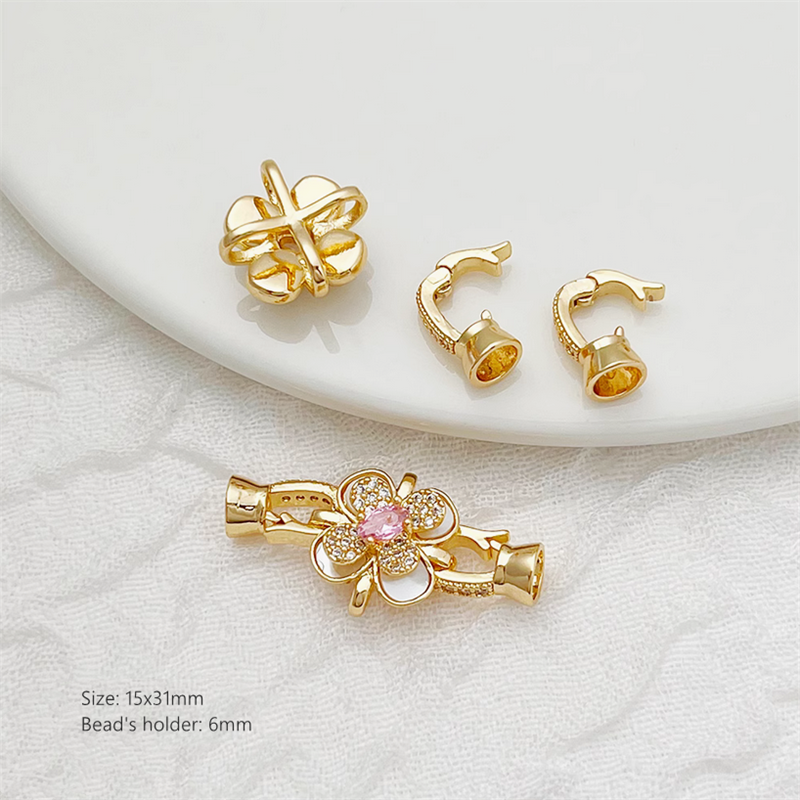 Brass Gilded Zircon Shell Flower Fold Over Clasp