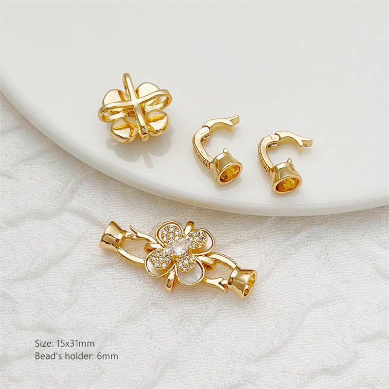 Brass Gilded Zircon Shell Flower Fold Over Clasp