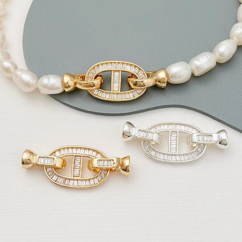 Brass Zircon Pearls Beads Connector Fold Over Clasp