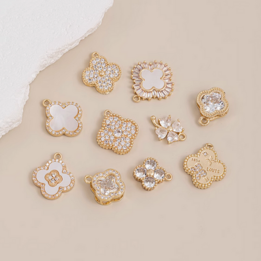 Brass 14K Gilded Four Clover Shell Zircon Inlaid Pendants Charms Partition