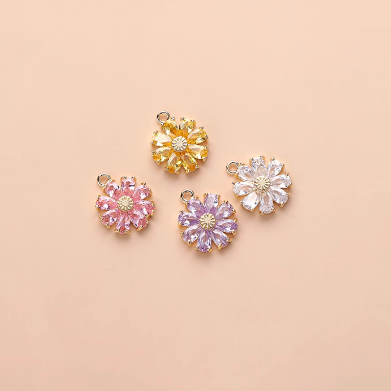 Brass 14K Gilded Zircon Daisy Pendants-Cute Tiny Charms