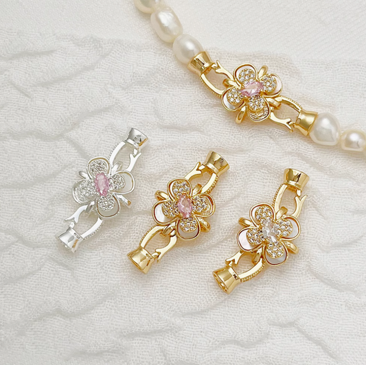 Brass Gilded Zircon Shell Flower Fold Over Clasp
