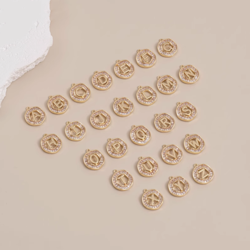 Brass 26 Letters Zircon Round Charms Piece Jewelry Pendants-PMQZ-01